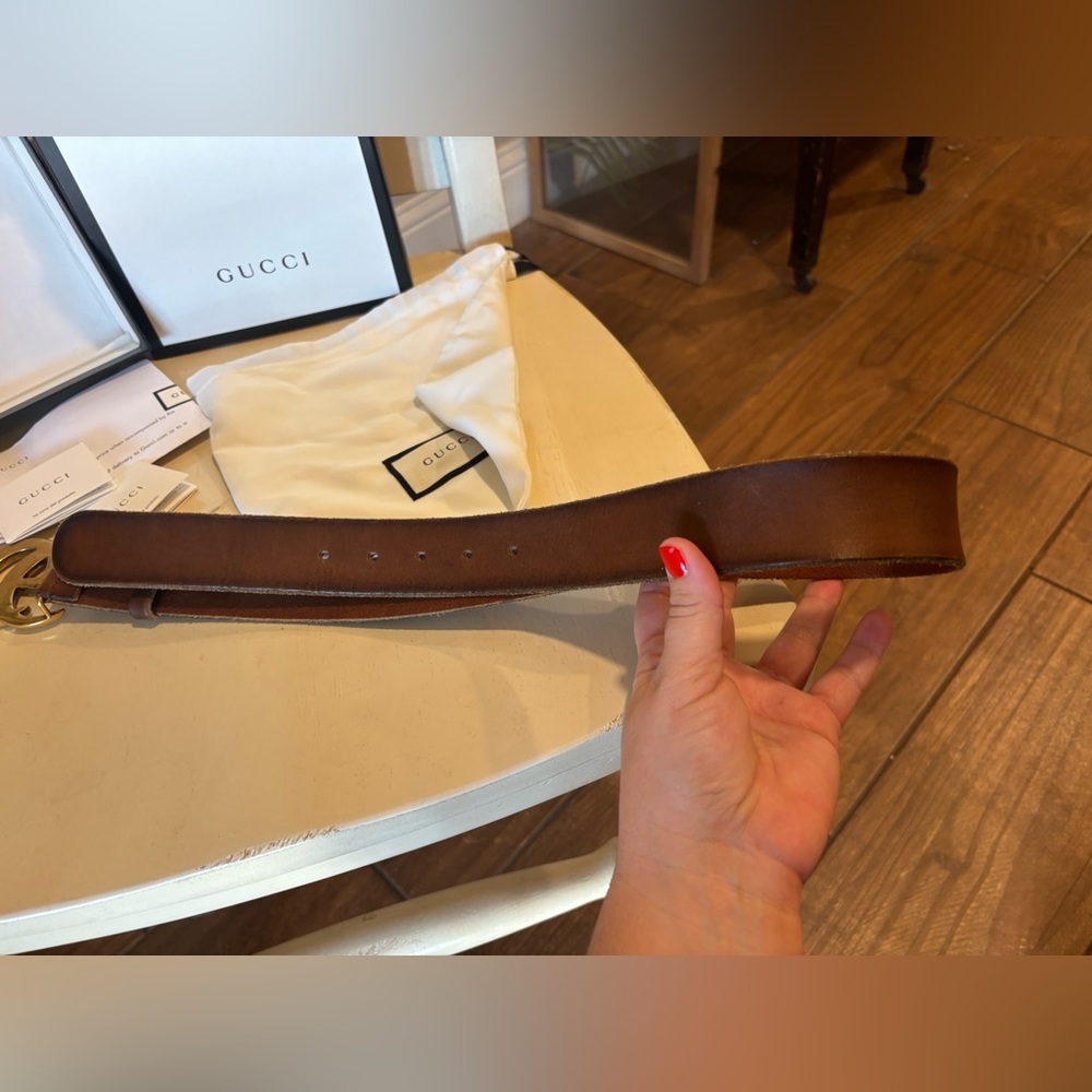 Gucci Double G Brown Leather Belt Size 80/32 Made in Italy Authentic - Picture 4 of 6